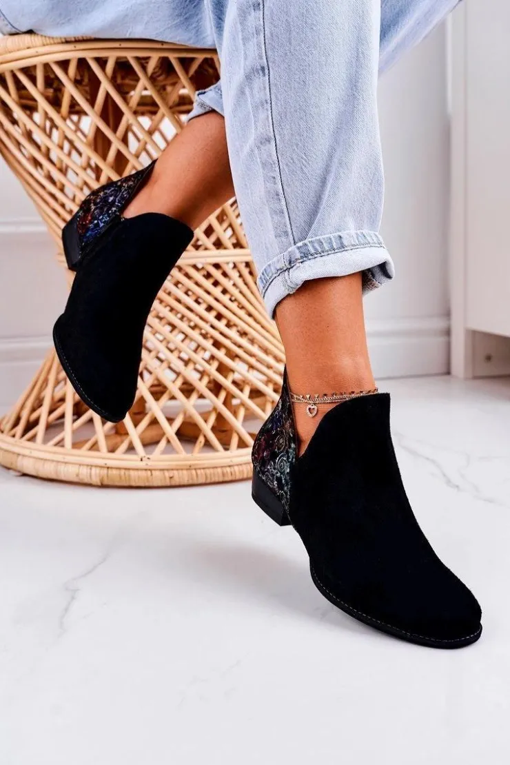 Maciejka Botki Wiosenne|Botki Maciejka*Damskie Skórzane Botki Czarne Z Kwiatami 04091-57 Czarny