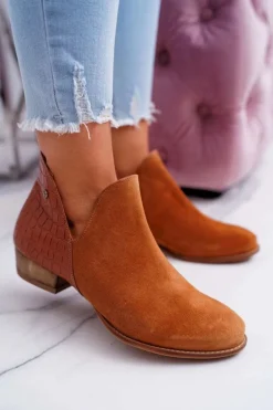 Damskie Maciejka Damskie Skórzane Botki Rude Wzór Zwierzęcy 04091-29