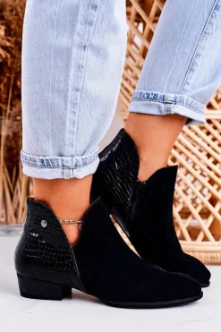 Sale Maciejka Damskie Skórzane Botki Lakierowane Czarne Wzór Zwierzęcy 04091-72