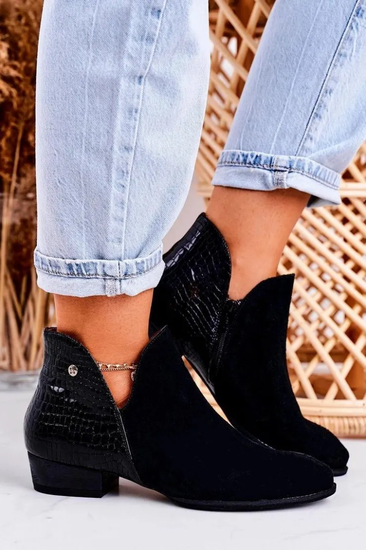 Sale Maciejka Damskie Skórzane Botki Lakierowane Czarne Wzór Zwierzęcy 04091-72
