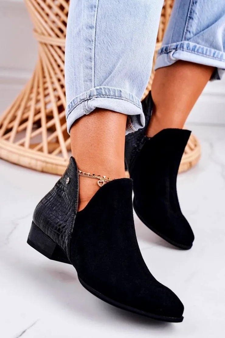 Sale Maciejka Damskie Skórzane Botki Lakierowane Czarne Wzór Zwierzęcy 04091-72