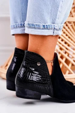 Sale Maciejka Damskie Skórzane Botki Lakierowane Czarne Wzór Zwierzęcy 04091-72