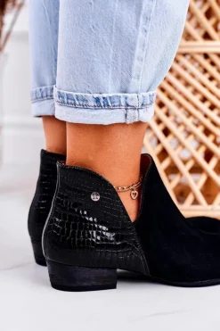 Sale Maciejka Damskie Skórzane Botki Lakierowane Czarne Wzór Zwierzęcy 04091-72