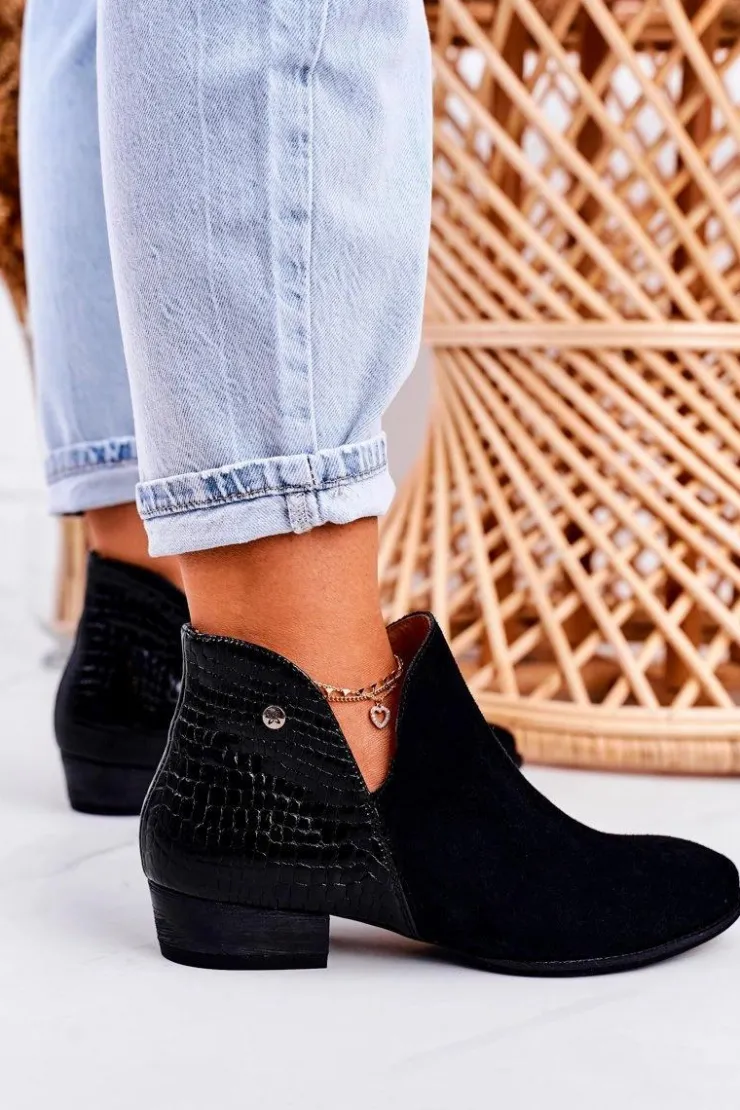 Sale Maciejka Damskie Skórzane Botki Lakierowane Czarne Wzór Zwierzęcy 04091-72