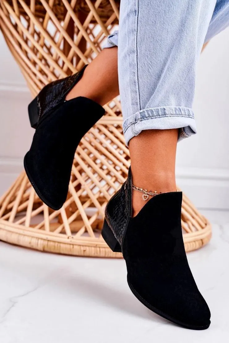 Sale Maciejka Damskie Skórzane Botki Lakierowane Czarne Wzór Zwierzęcy 04091-72