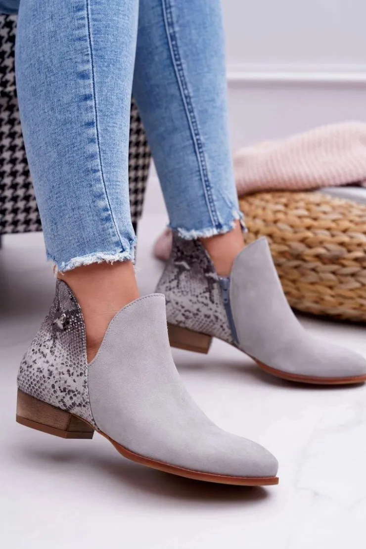 Maciejka Botki Wiosenne|Botki Maciejka*Damskie Skórzane Botki Szare 04091-03