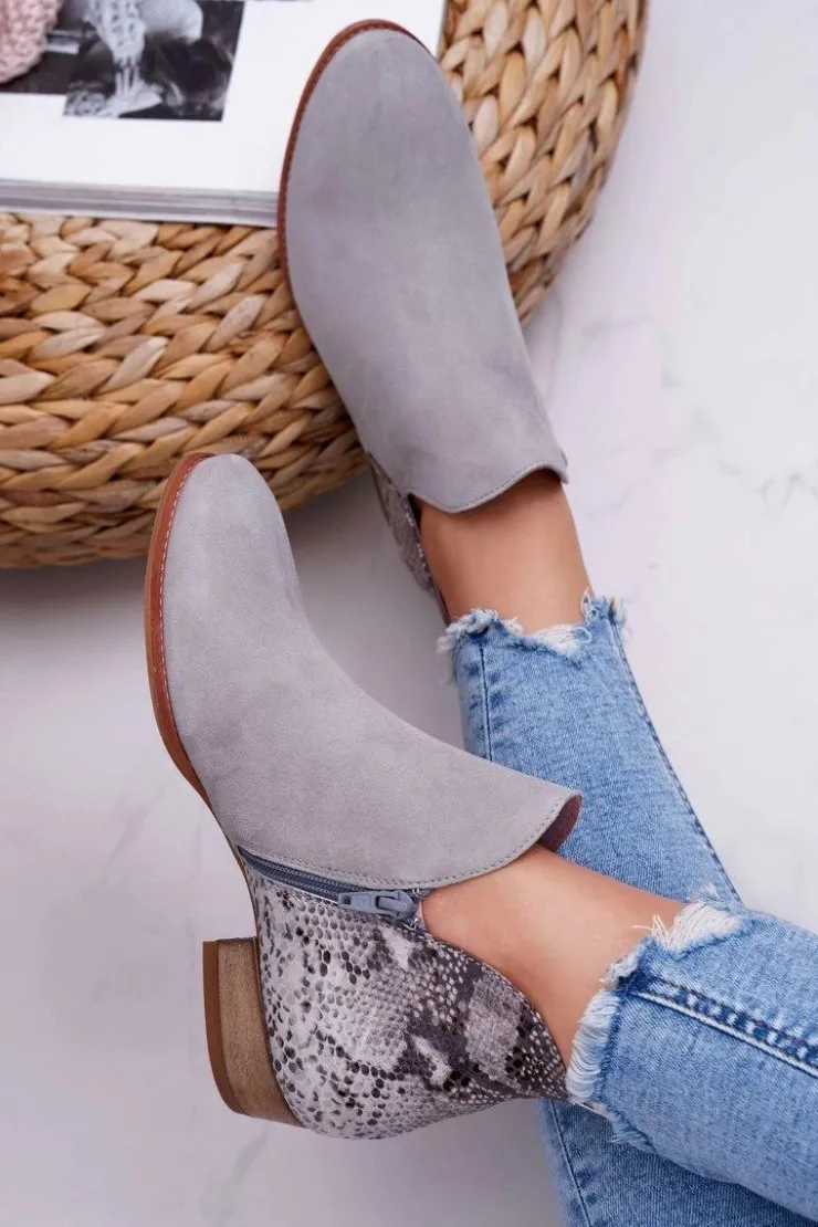 Maciejka Botki Wiosenne|Botki Maciejka*Damskie Skórzane Botki Szare 04091-03