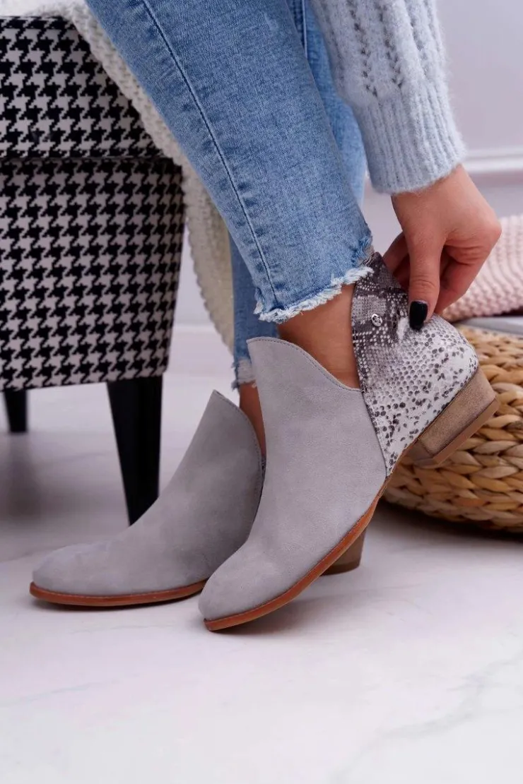 Maciejka Botki Wiosenne|Botki Maciejka*Damskie Skórzane Botki Szare 04091-03