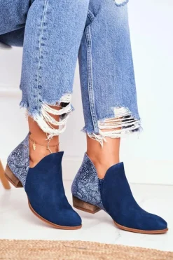 Damskie Maciejka Damskie Skórzane Botki Granatowe 04091-47