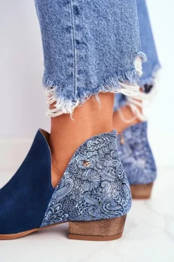 Damskie Maciejka Damskie Skórzane Botki Granatowe 04091-47