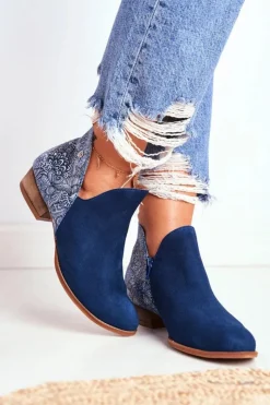 Damskie Maciejka Damskie Skórzane Botki Granatowe 04091-47