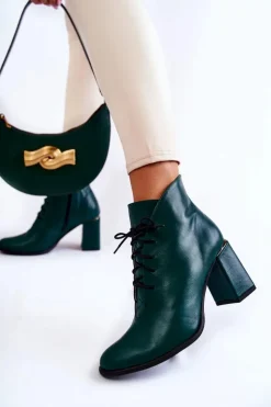 Damskie Boto Damskie Skórzane Botki Na Słupku Zielone Carrice