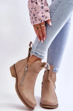 Damskie Boto Damskie Skórzane Botki Na Płaskim Obcasie Beżowe Artemis