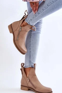 Damskie Boto Damskie Skórzane Botki Na Płaskim Obcasie Beżowe Artemis