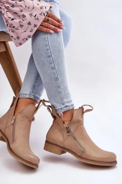 Damskie Boto Damskie Skórzane Botki Na Płaskim Obcasie Beżowe Artemis