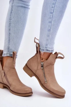 Damskie Boto Damskie Skórzane Botki Na Płaskim Obcasie Beżowe Artemis