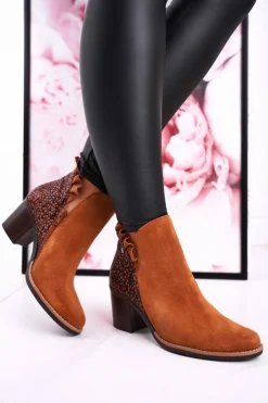 Damskie Maciejka Damskie Skórzane Botki Na Słupku Rude 04833-43