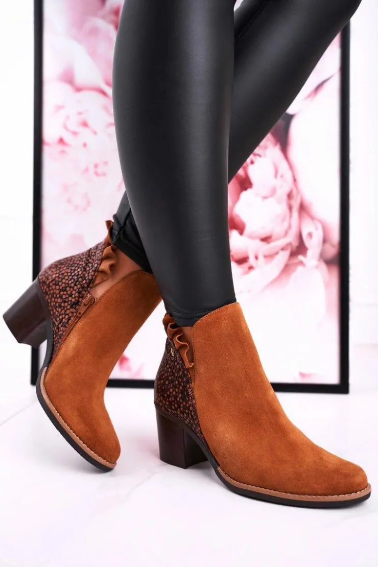 Damskie Maciejka Damskie Skórzane Botki Na Słupku Rude 04833-43