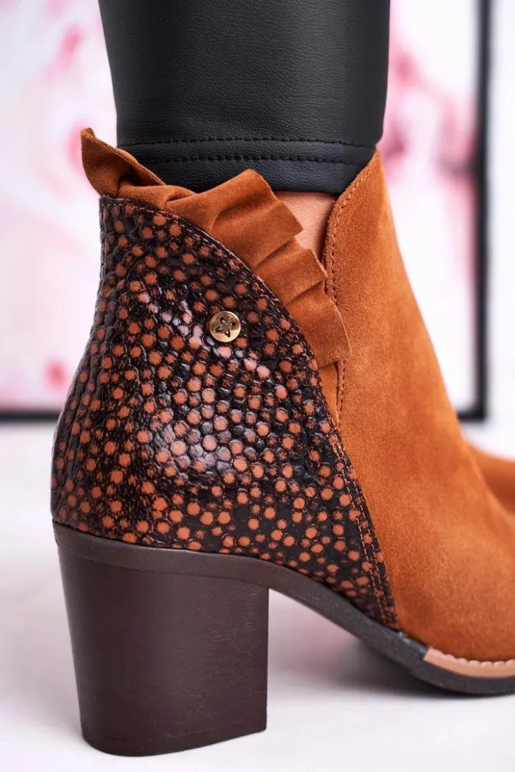 Damskie Maciejka Damskie Skórzane Botki Na Słupku Rude 04833-43