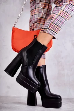 Boto Botki Na Słupku|Czarne Botki*Damskie Skórzane Botki Na Masywnym Obcasie Czarne Jones