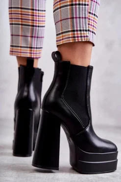 Boto Botki Na Słupku|Czarne Botki*Damskie Skórzane Botki Na Masywnym Obcasie Czarne Jones