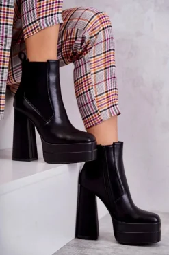 Boto Botki Na Słupku|Czarne Botki*Damskie Skórzane Botki Na Masywnym Obcasie Czarne Jones