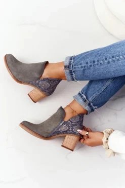 Damskie Maciejka Damskie Skórzane Botki Na Słupku Popielate 04492