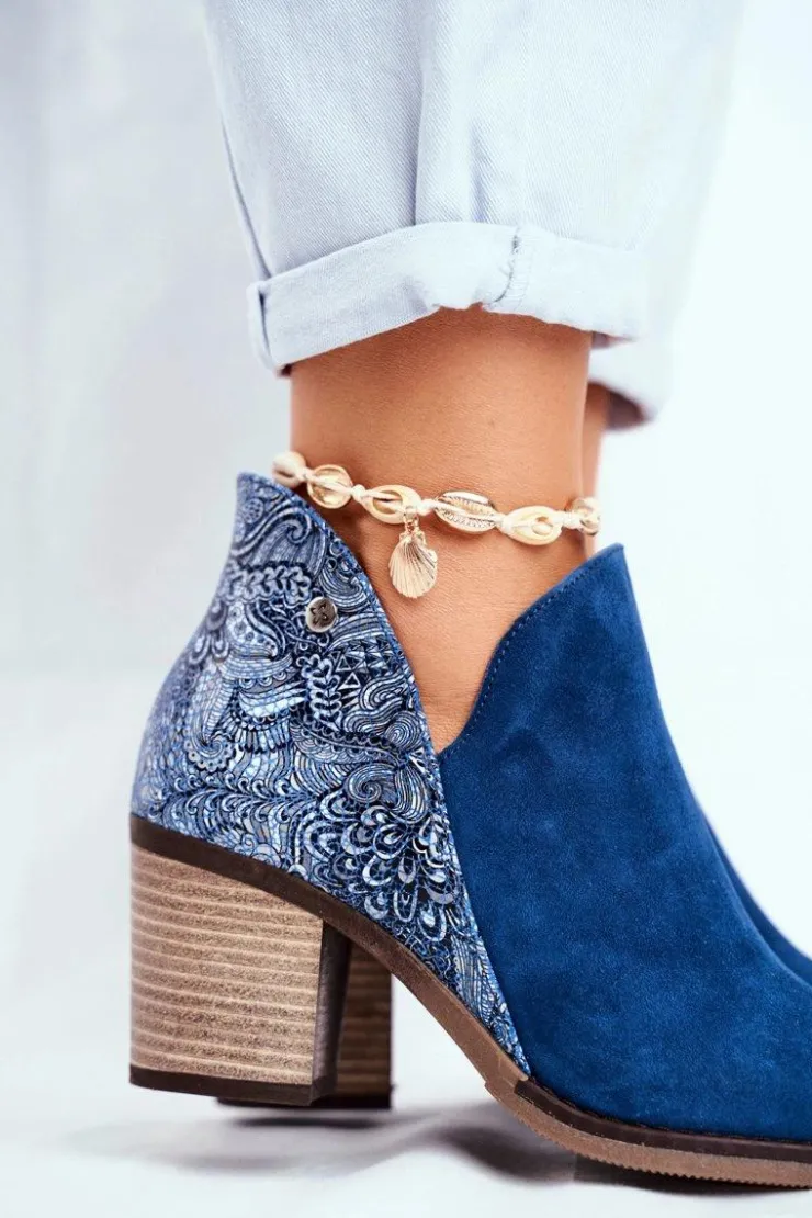 Damskie Maciejka Damskie Skórzane Botki Na Słupku Granatowe 04492-17