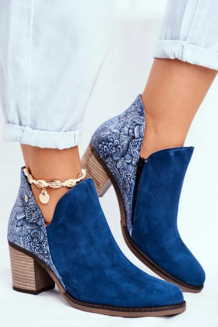 Damskie Maciejka Damskie Skórzane Botki Na Słupku Granatowe 04492-17