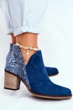 Damskie Maciejka Damskie Skórzane Botki Na Słupku Granatowe 04492-17