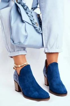 Damskie Maciejka Damskie Skórzane Botki Na Słupku Granatowe 04492-17