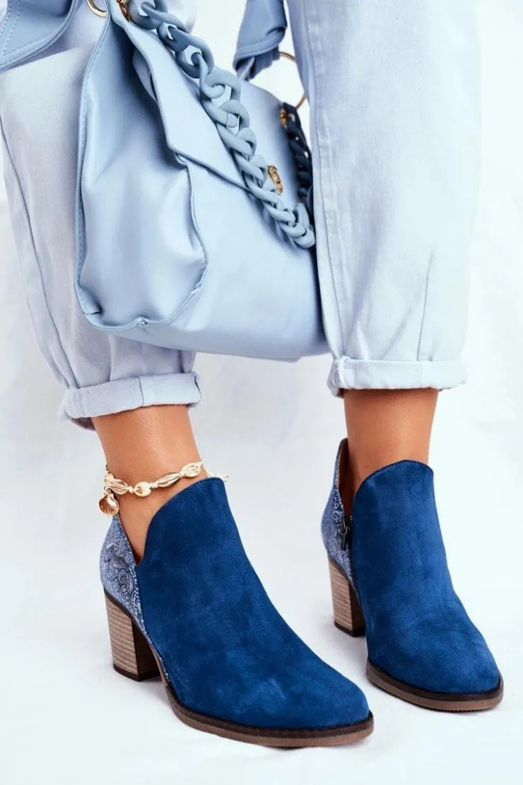 Damskie Maciejka Damskie Skórzane Botki Na Słupku Granatowe 04492-17