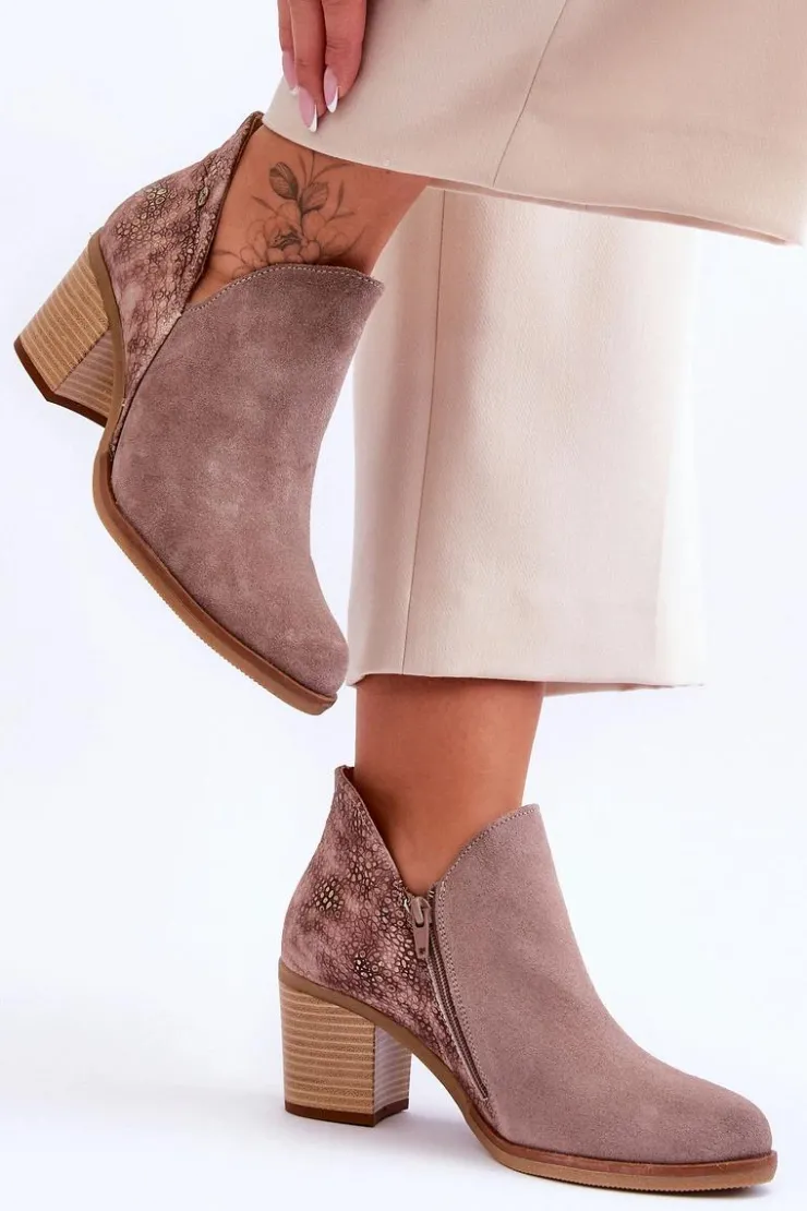 Damskie Maciejka Damskie Skórzane Botki Na Słupku 04492-14 Ciemnobeżowe