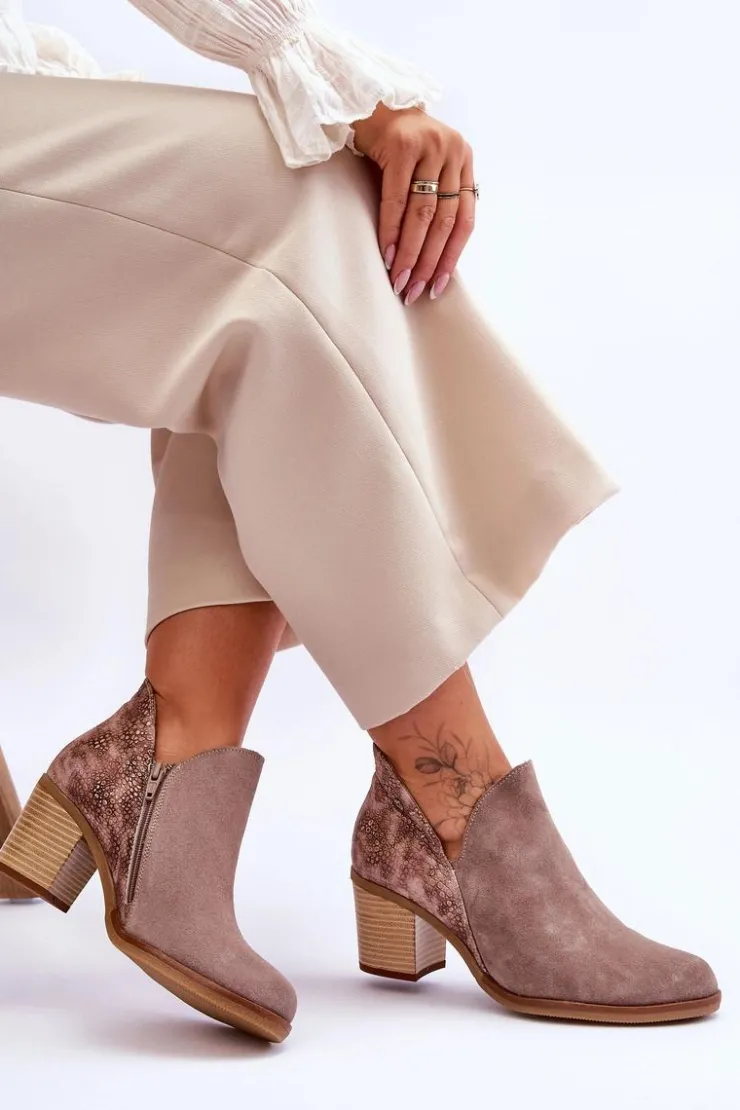 Damskie Maciejka Damskie Skórzane Botki Na Słupku 04492-14 Ciemnobeżowe