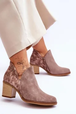 Damskie Maciejka Damskie Skórzane Botki Na Słupku 04492-14 Ciemnobeżowe