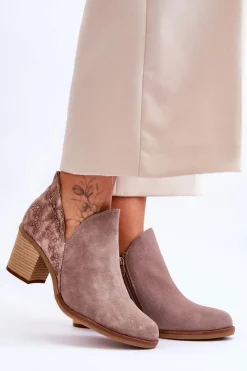 Damskie Maciejka Damskie Skórzane Botki Na Słupku 04492-14 Ciemnobeżowe