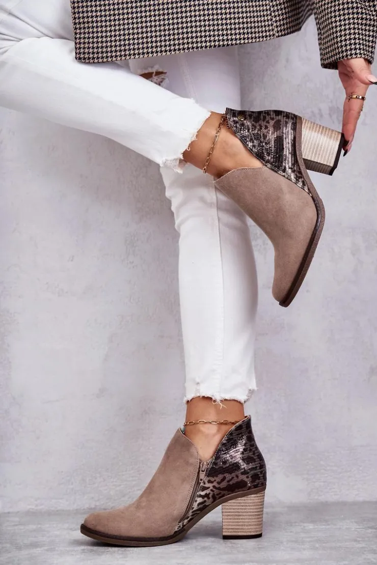 Maciejka Botki Wiosenne|Botki Maciejka*Damskie Skórzane Botki Na Słupku Beżowe 04492-43