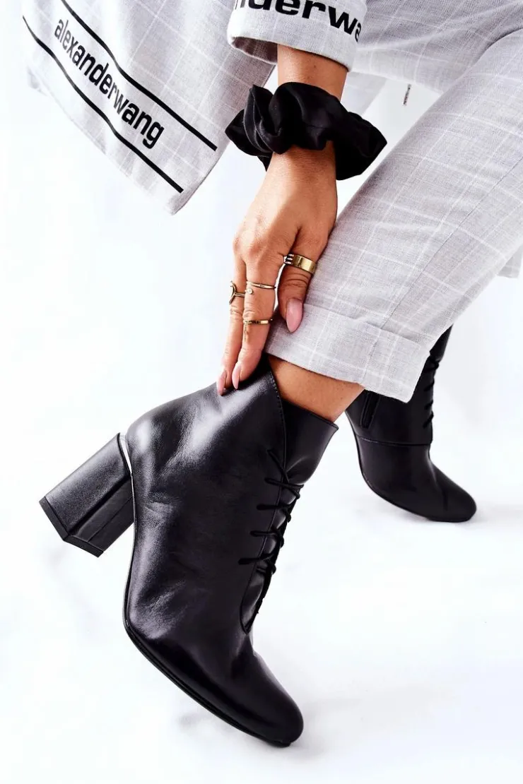 Discount Boto Damskie Skórzane Botki Na Słupku Czarne Carrice