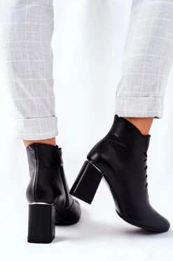 Discount Boto Damskie Skórzane Botki Na Słupku Czarne Carrice