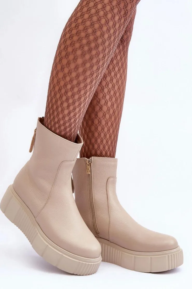 Damskie Zazoo Damskie Skórzane Botki Na Platformie Beżowe Lemar Jenefer