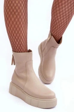 Damskie Zazoo Damskie Skórzane Botki Na Platformie Beżowe Lemar Jenefer