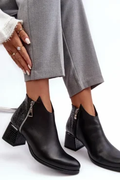 Boto Botki Na Słupku|Czarne Botki*Damskie Skórzane Botki Na Niskim Słupku Zazoo 4111 Czarne
