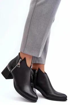 Boto Botki Na Słupku|Czarne Botki*Damskie Skórzane Botki Na Niskim Słupku Zazoo 4111 Czarne
