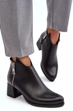 Boto Botki Na Słupku|Czarne Botki*Damskie Skórzane Botki Na Niskim Słupku Zazoo 4111 Czarne