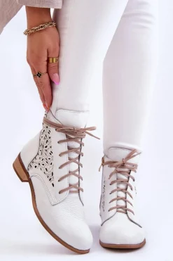 Damskie Boto Damskie Skórzane Botki Na Suwak Lewski Shoes 3186 Biały Groch