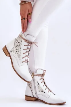 Damskie Boto Damskie Skórzane Botki Na Suwak Lewski Shoes 3186 Biały Groch