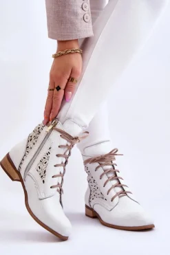 Damskie Boto Damskie Skórzane Botki Na Suwak Lewski Shoes 3186 Biały Groch