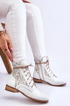 Damskie Boto Damskie Skórzane Botki Na Suwak Lewski Shoes 3186 Biały Groch
