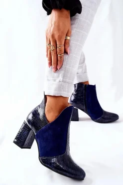 Boto Botki Na Słupku|Botki Na Obcasie*Damskie Skórzane Botki Na Słupku Granatowe I Wish