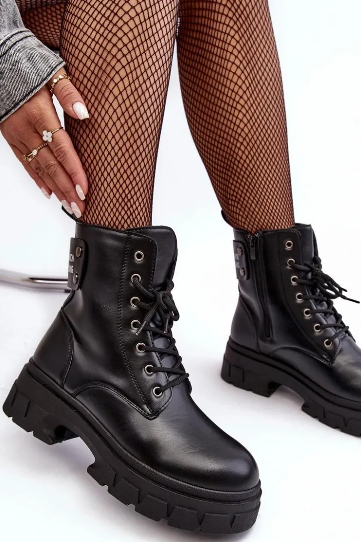 Online Zazoo Damskie Skórzane Botki Na Platformie Czarne Lemar Jenefer